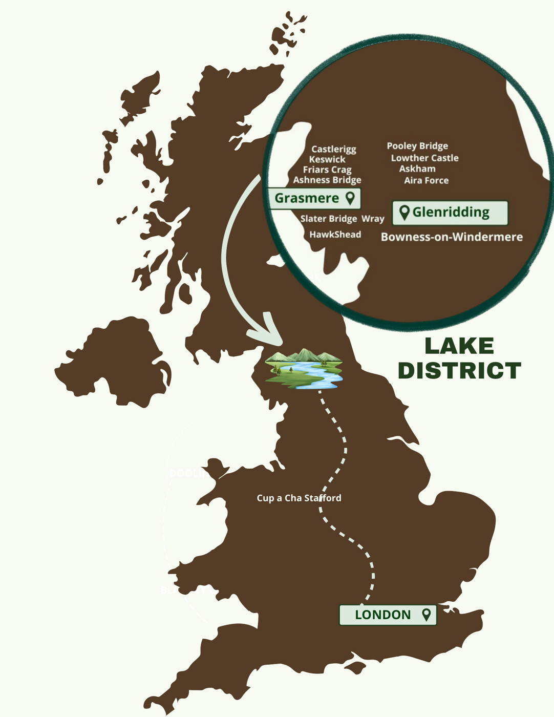 Mappa del Regno Unito con le tappe del famtrip nel Lake District