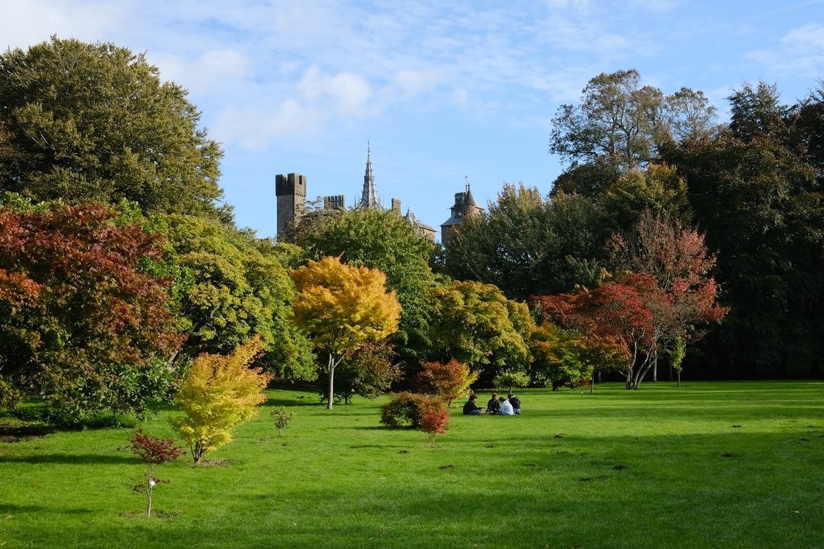 Castello immerso nel parco con alberi d'autunno